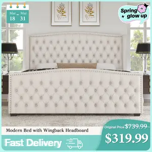 [Spring Sale] AMERLIFE  Platform Bed Frame,Velvet Upholstered Bed with Deep Button Tufted &Nailhead Trim Wingback Headboard/No Box Spring Needed/Christmas Gift