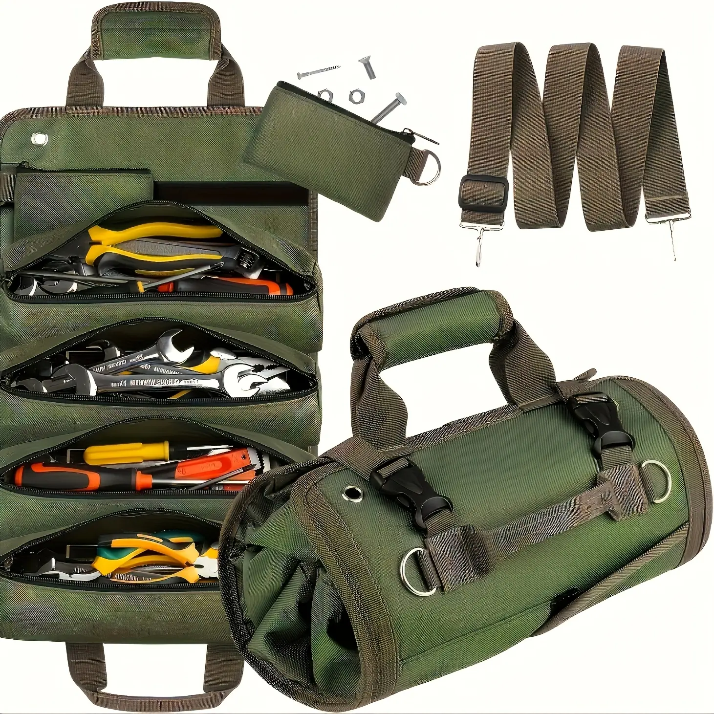 Heavy-Duty Waterproof Roll-Up Tool Pouch - 6-Pocket Belt-Mounted Portable Multi-Tool Bag, Removable Adjustable Work Accessory for Electricians with Carrying Handle, Belt-Mounted Tool Bags