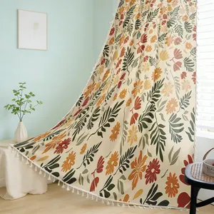 1/2pcs Floral Print Curtains with Fringe Trim, Tassel Decor Curtain, Farmhouse Style Light Blocking Drapes, Easy Install No Drill, Home Decor