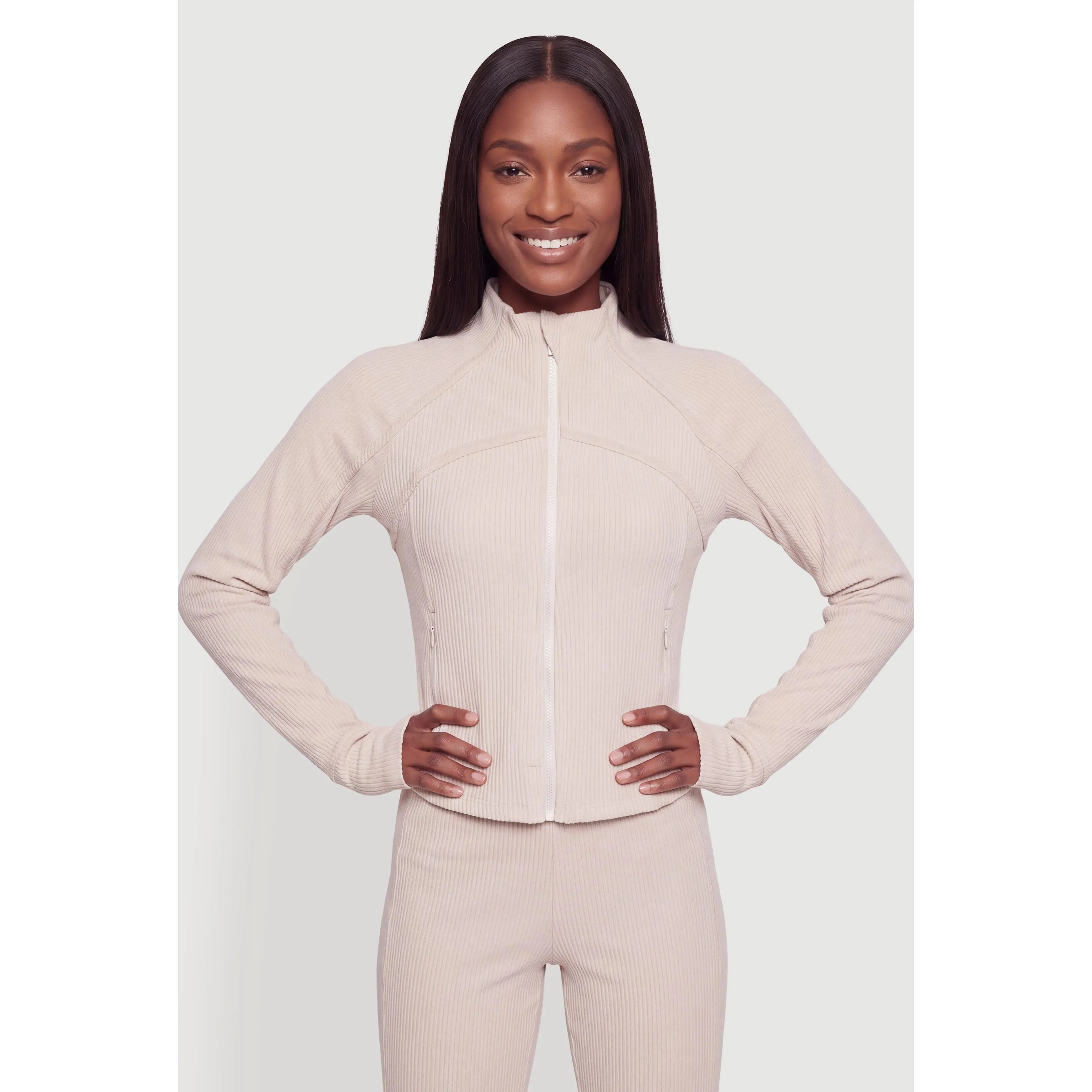 Brushed Ribbed Knit Funnel Neck Zip Front Track Jacket