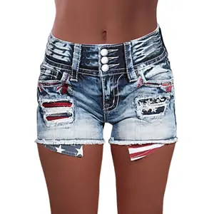 Flamingals American Flag Patched Button Fly Cut Out Denim Shorts Comfortable Jeans with stretch Summer Womenswear Outfit Blue Casual Bottom
