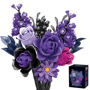 Dark Purple Floral Building Block Bouquet Set for Adult Collectors, Elegant Rose & Wildflower Brick Flower Arrangement, Creative Desk Home Decor Display, Romantic Gift Idea for Anniversary, Valentine’s Day, Birthday
