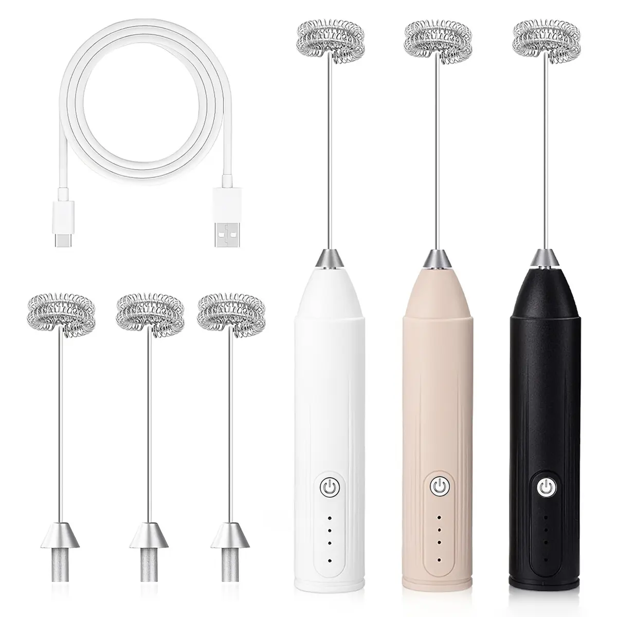 USB-C Rechargeable Milk Frother, 3 Variable Speeds Handheld Milk Frother with Detachable Stainless Whisks, Electric Hand Frother Wand Drink Mixer for Milk, Latte, Matcha, Coffee, Cappuccino Protein, Kitchen Gifts
