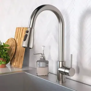 Canadian Brushed Nickel Kitchen Faucet with Pull Down Sprayer and High Arc Single Hole - Commercial Modern Pull Out Stainless Steel Kitchen Faucet water 3in1 drainer apron sink stainless steel kitchentool cup rinser butcher block countertop ikea greenhous