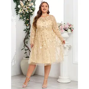 Plus Size Women's A-Line Maxi Dress with Embroidered Leaf Design - Lightweight Polyester Crew Neck Long Sleeve Midi Dress for Bridesmaid Gown, Wedding Party, Cocktail & Formal Occasions, Semitransparent Material