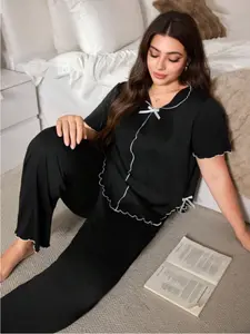 Plus Size Pajama Sets Women Pajama Sets  Plus Size Sleep Loungewear Sets Women's Fashionable Asymmetrical Hem Wooden Collar Short Sleeve Fitted Top + Long Pants Set, Bow Blouse, Elastic Pocketed Pants, Spring & Fall Home Wear Outfit Pjs Homewear