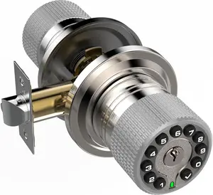 Door Knob with Keypad and Key,Keyless Entry Door Lock with Rubber Grip, Auto Lock,50 User Code,, Easy to Install and Program for Bedroom Garage Office Gate (Satin Nickel)