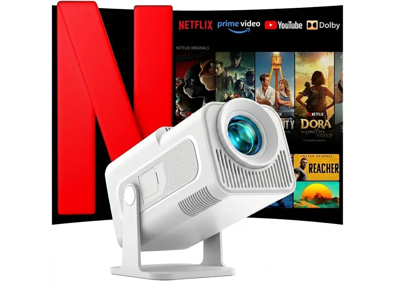 WOLFANG 4K Mini Projector, Built-in Apps/Official Netflix, 26000 Lumen WiFi 6 Portable Projector with 50% Zoom, 180 Rotatable Smart Home Projector Compatible with TV Stick/iOS/Android/PC/PS5/HDMI/AV