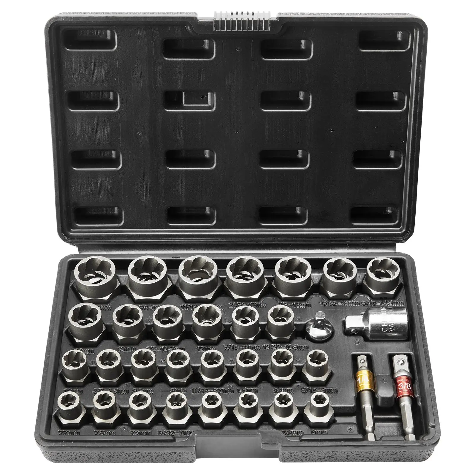 【Summerfinds】VEVOR Bolt Extractor Set, 29-Piece Bolt and Nut Remover Set, 6mm to 10mm, 13/32" to 3/4", CR-MO Steel Extraction Socket Set with Storage Case, for Removing Damaged Rusted Bolts, Nuts and Screws