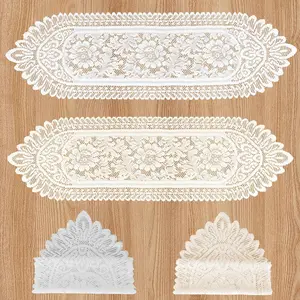 2 Pack White & Beige Lace Doilies for Tables Crochet Table Runner Rectangular Dresser Furniture Scarves 47"×13" Intricate Design Scalloped Edges