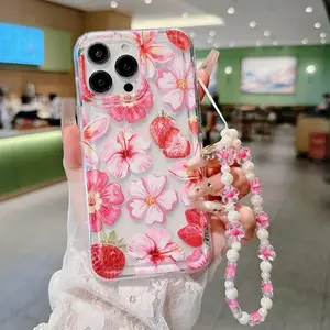 Strawberry Pattern Protective Phone Case with Lanyard, Cute Flower Pattern Phone Case, Decorative Phone Protector Cover Compatible with iPhone  16 15 14 13 12 11 Pro Max Plus, Casing, Accessories, Smartphone Protection