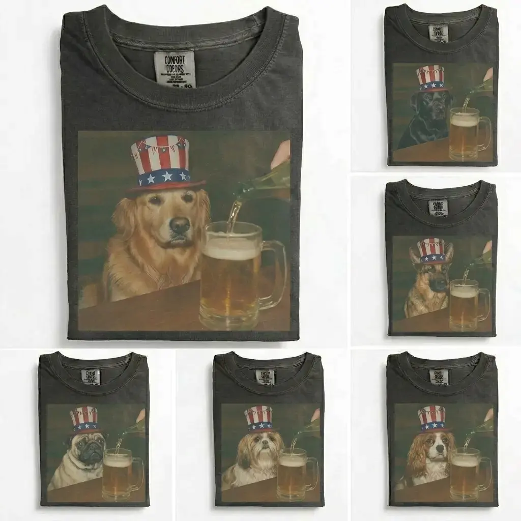Comfort Colors 50+ Dog Breeds Patriotic Beer USA 4th of July Shirt, Custom Dog Breed Graphic Tee, Vintage 90s Funny Meme Shirt, Independence Day Streetwear Apparel, USA Celebration Outfit, Gift for Dog Lovers for Women & Men
