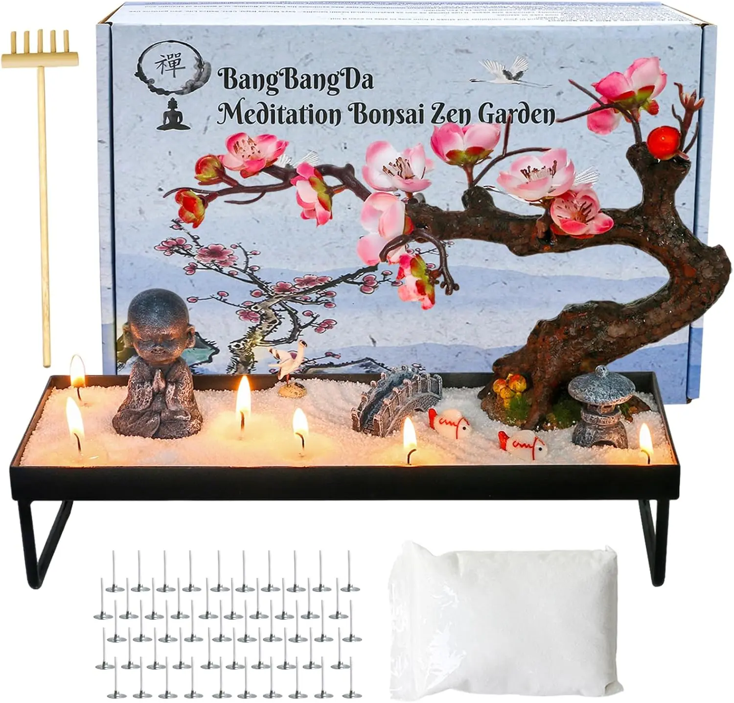 11-Piece Compact Mini Zen Garden Desk Kit - Artificial Buddha Bonsai Plum Tree, Wax Sand Tray, Bamboo Rake, Arrangeable Ornaments, Stone Bridge, Japanese Meditation Tools, Bag-Included Home Decor Decoration for Office, Bedroom, Balcony Gift Set, Home Supp