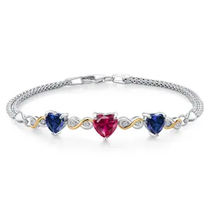 925 Silver and 10K Yellow Gold Red Created Ruby and Blue Created Sapphire and White Lab Grown Diamond Bracelet For Women (3.08 Cttw, July Birthstone, Heart 7MM and 6MM, 6.5/7/7.5 Inch, Made In Italy)