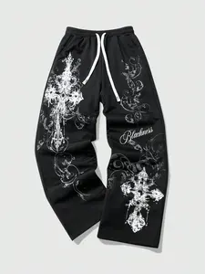 Baggy White Graphic Sweatpants with Black Cross and Scroll Detail - High Street Loose Fit Drawstring Joggers - Men's Gothic Aesthetic Alt Fashion Casual Street Trousers for Rave and Street Style