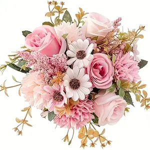 A Bouquet of Artificial Roses, Hydrangeas, Artificial Mixed Flower in a Bohemian Style, Featuring Pink Roses, White Daisies, And Green Leaves. These Vibrant Faux Flowers Are Perfect for Weddings, Engagements, Birthdays, Valentine's Day