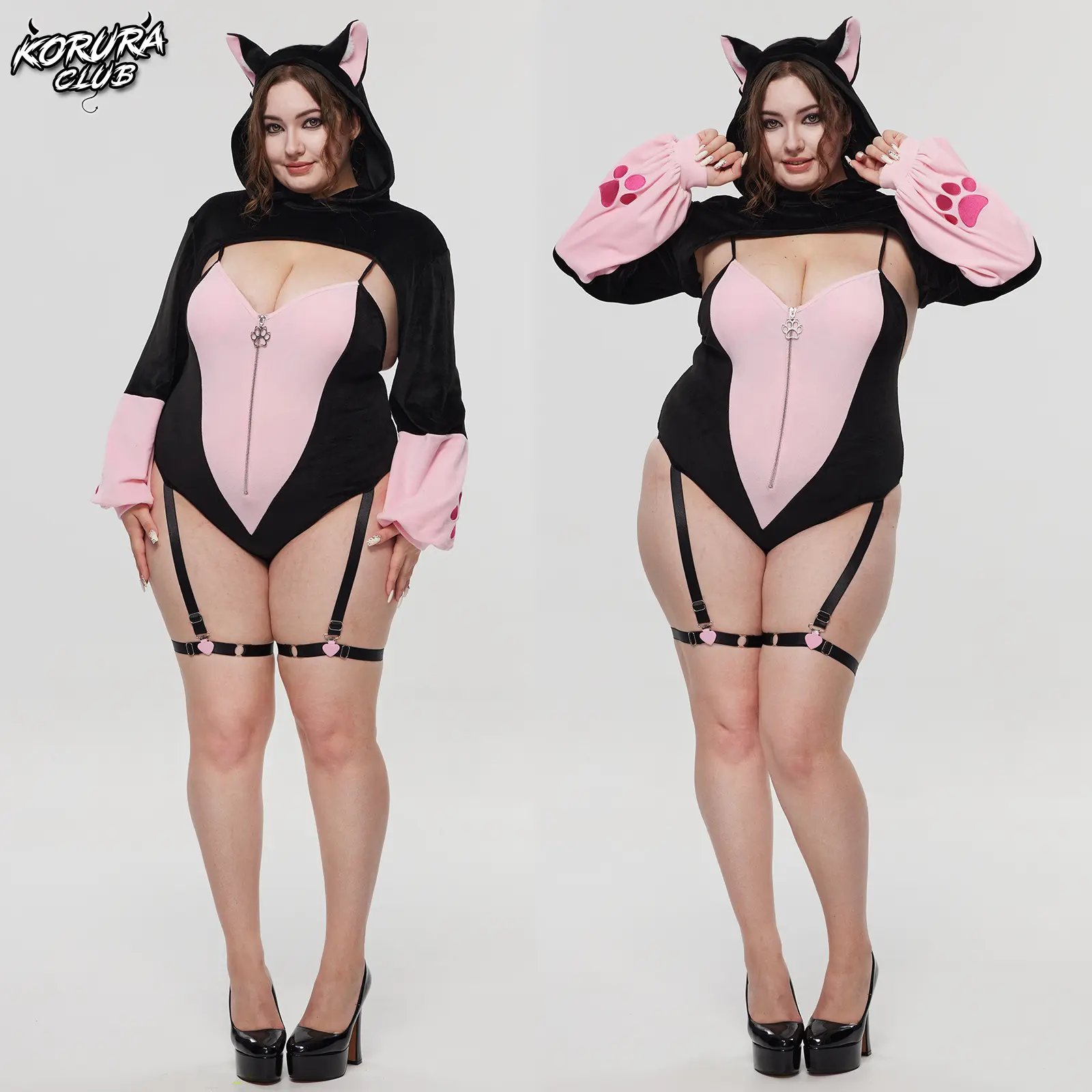 KORURACLUB Women's Cute Fox Costume Bodysuit with Ear Hood & Paw Print Sleeves, Kawaii Cosplay Party Outfit, Adjustable Straps, Soft Stretch Fit, Clothes, Accessories, Style, Fashion Apparel, One Size