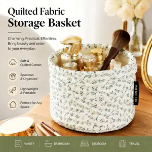 Quilted Cottagecore Makeup Storage Bucket - XL Capacity Fabric Cosmetic Organizer Bin, Soft Sided Pail for Women, Floral Cloth Organizer, Floral Pattern Basket