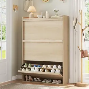 Wooden Shoe Cabinet with 3 Flip Drawers - Space-Saving Design, Adjustable and Removable Shelf, Ample Storage Space, Durable Engineered Wood, for Entryway, Hallway, Natural