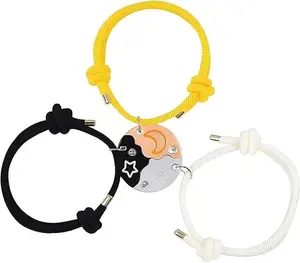 Bff Bracelets for 3, Sun Moon Star Friendship Puzzle Matching Adjustable Braided Rope for Best Friends Jewelry Gifts