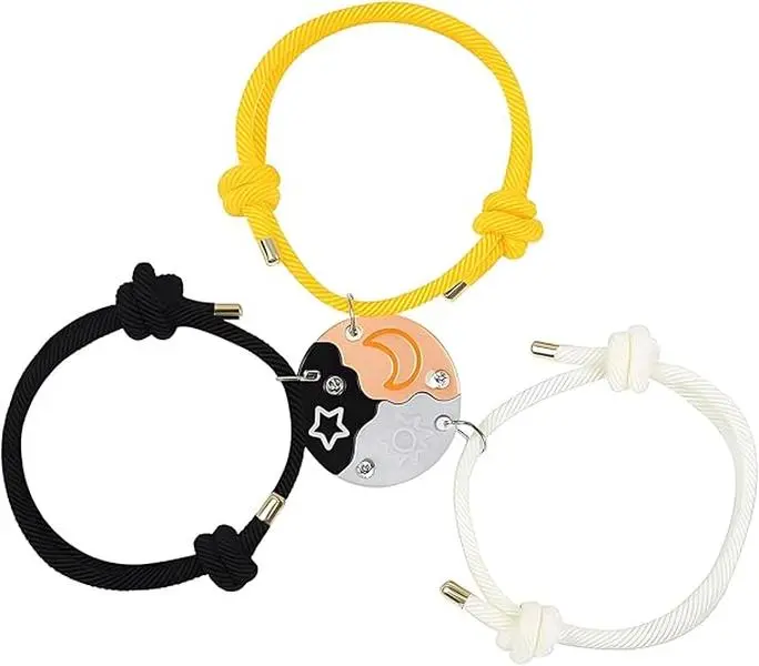 Women's 3-Piece BFF Friendship Bracelets, Sun-Moon-Star Puzzle Matching Adjustable Braided Rope Jewelry Gifts