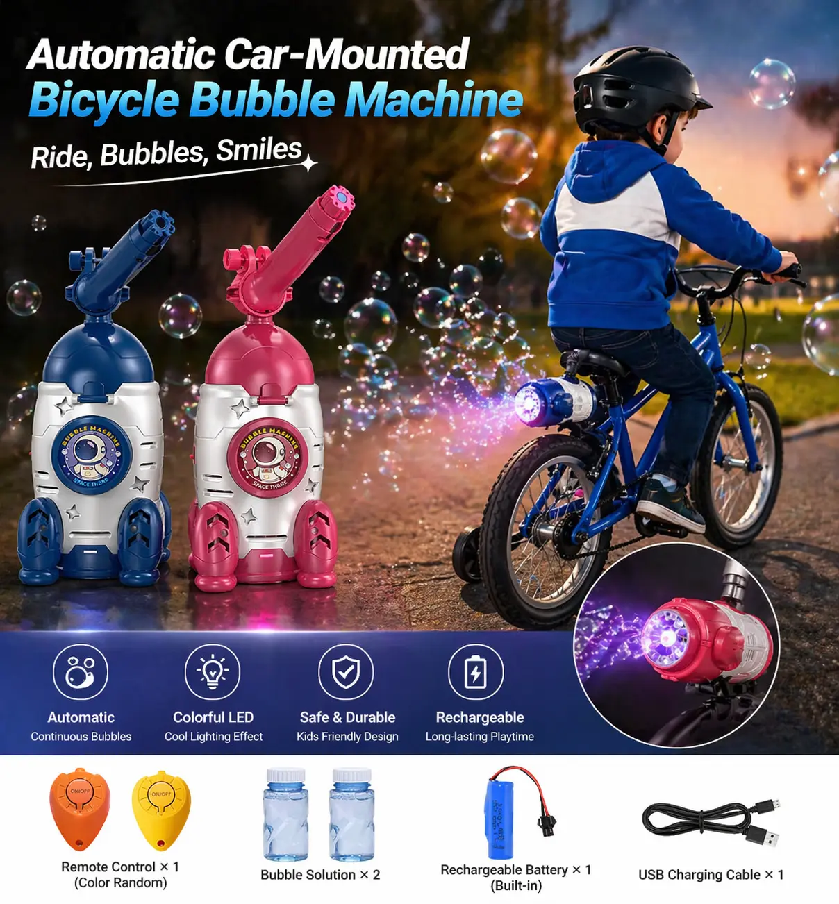 Automatic Car-Mounted Bicycle Bubble Machine for Kids, Bubble Maker Spring Summer Toys with Lights, Outdoor Rechargeable Blower  Easter Gift for Children