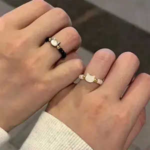 Natural Stone Cat Bff Rings Set, Cute Beaded Cat Ring for Girls, High-Quality Unique Gift, Crystal Finger Ring