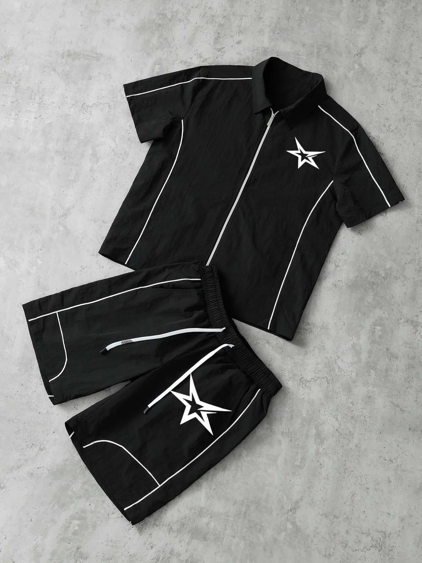 Stars Pattern Casual Set, Short Sleeve Zipper Shirt + Gym Shorts, Breathable Comfort, Spring Summer Daily Wear, Trendy Star Print Design