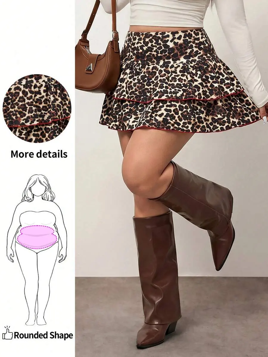 Plus Size Women's Vintage Sexy Leopard Print Patchwork Ruffle Hem Mini Skirt With Built-In Shorts,Beige,Summer,Curve,Date Night,Party Bohemian Outfit