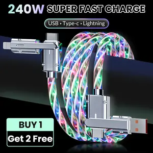 [Buy 1 get 2 free]2-in-1 240W RGB Flowing Light Fast Charging Cable, Zinc Alloy Rotatable Multi-Interface Cord, Compatible with iPhone Android, Luminous USB Type-C Lightning Charger