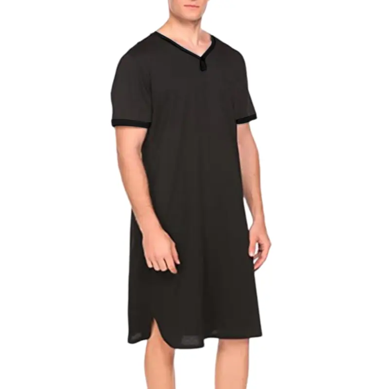 Men’s V-neck short-sleeve robe with small buttons at the front, contrast piping, side slits at the hem, minimalist home style, soft and skin-friendly fabric that is breathable and comfortable—ideal for wearing while resting at home.