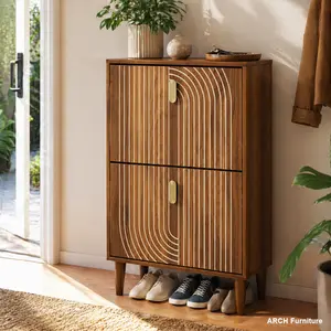 Minimalist Adjustable 2-Layer Freestanding Shoe Storage Organizer, 23.6"W Entryway Cabinet with 2 Flip Doors, Metal Handles, Line Grooves Design