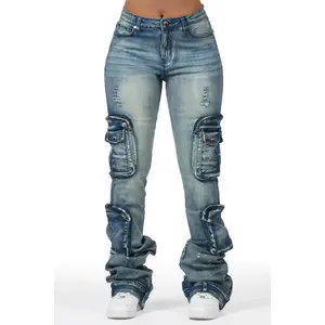 Alisson Dark Wash Tinted Cargo Super Stacked Jean