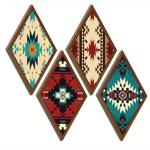 4pcs Retro Boho Farmhouse Wooden Decor (Teal/Red/Black/Brown) Hangable Wall Hanging Adhesive. Adhesive-backed, tool-free & damage-free install. Durable, fits living room/bathroom/stairs. Perfect Xmas/Halloween gifts for home & designers!