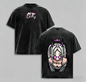 Frieren Streetwear Vintage Washed Anime T-Shirt , Vintage Washed Distressed Oversized Gothic Streetwear Tee, Retro Demon Elf Pink Crown Casual Top for Men Women, Anime Lover & Alt Girl Gift Shirt