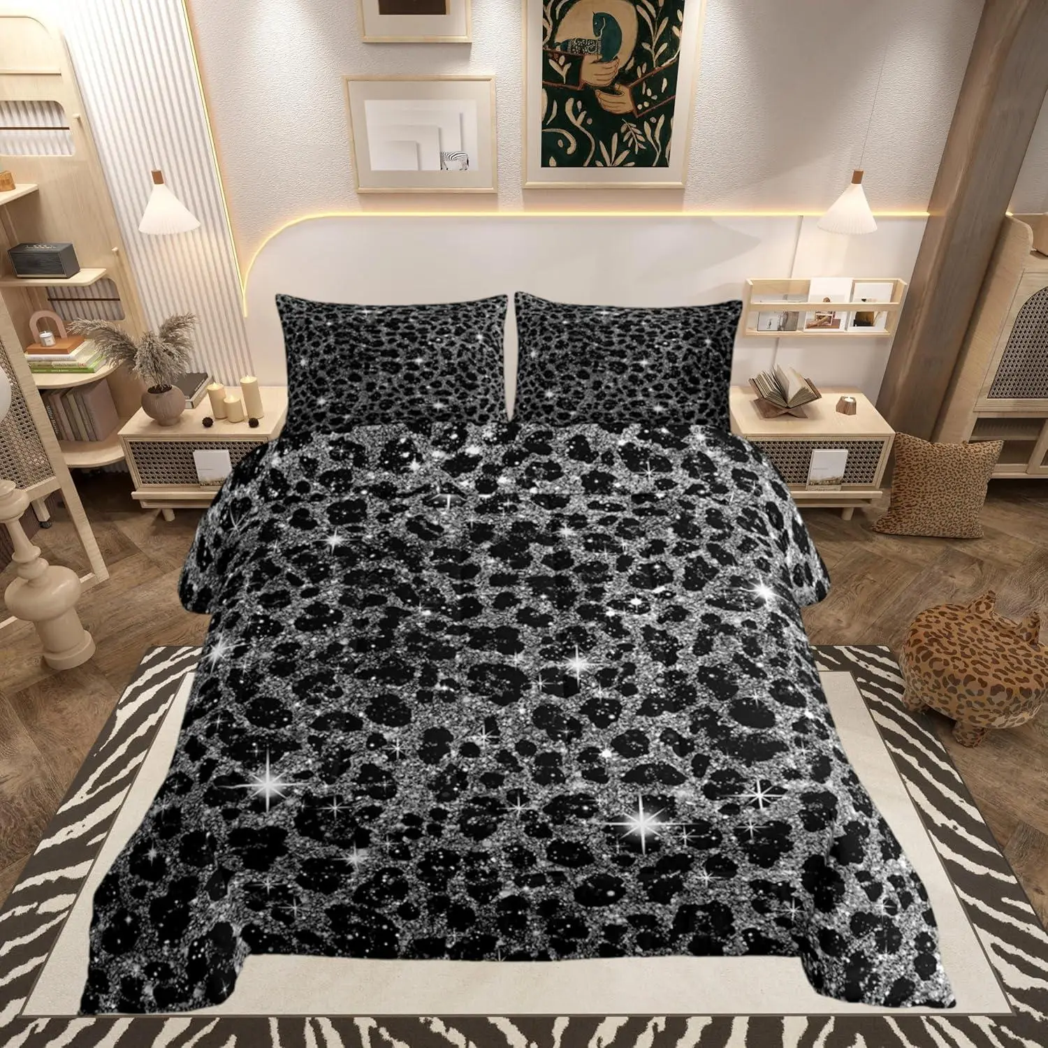 Black Leopard Comforter Set Cheetah Bedding Set Animal Print Duvet Quilt Bedroom Leopard Fur Print Decor Safari Microfiber Ultra Soft Breathable