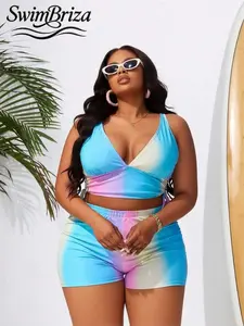 Briza｜Macaron Gradient Print Plus Size Two-Piece Swimsuit Set: V-Neck Fitted Waist Tie Top + Swim Trunks