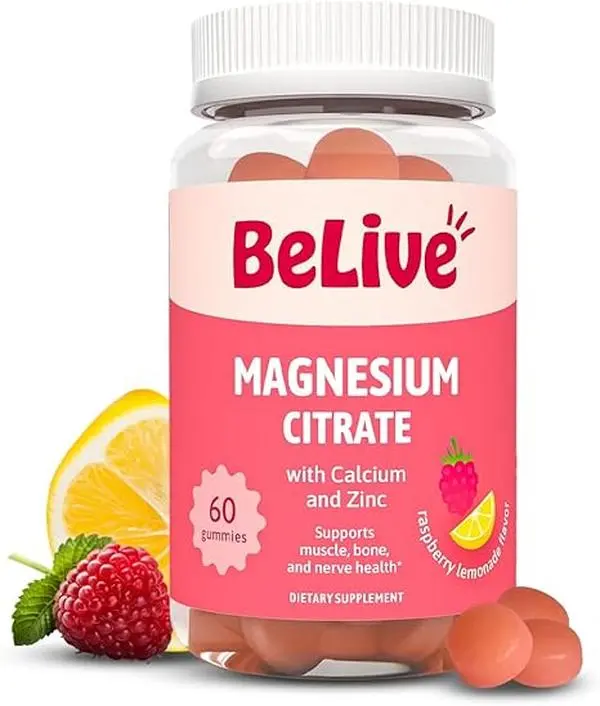 BeLive Magnesium Citrate Gummies with Calcium and Zinc for Adults and Kids - High Absorption Magnesium Supplement for Cognitive, Bone, Muscle and Nerve Health - Raspberry Lemonade - 60 Count