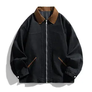 Men’s Black Reversible Jacket with Front Zipper – Brown Collar, Workwear Design, Oversized Fit GARMENTARY