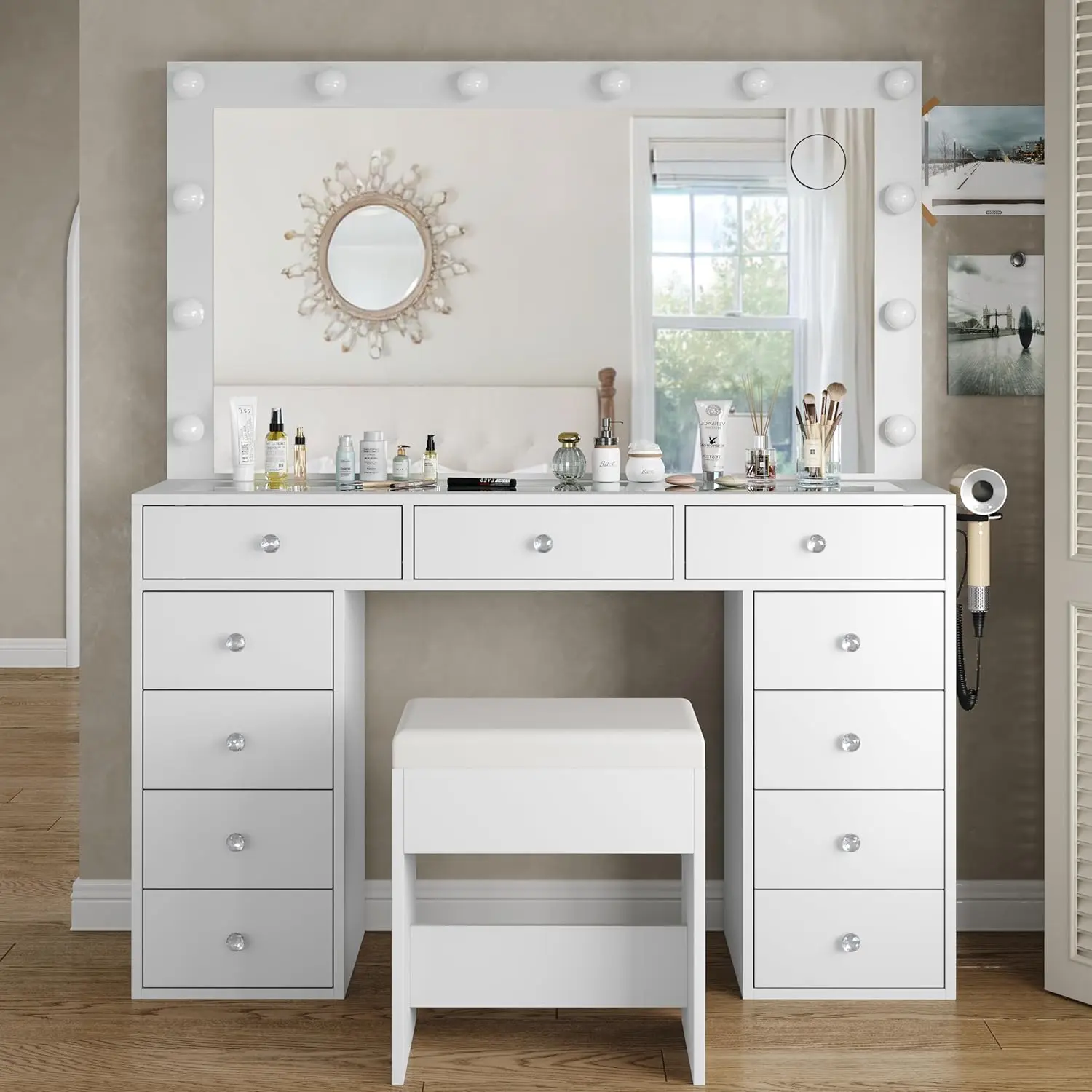 FUSOU 47"W 11 Drawer Vanity Desk with Power Outlet [Shipping by 2 Packages] Makeup Vanity with Mirror and 12 LED Lights, 3 Lighting Modes, Vanity Table with Chair, Glass Top, Dressing Table for Bedroom,Dressing Room,Deals For You Days