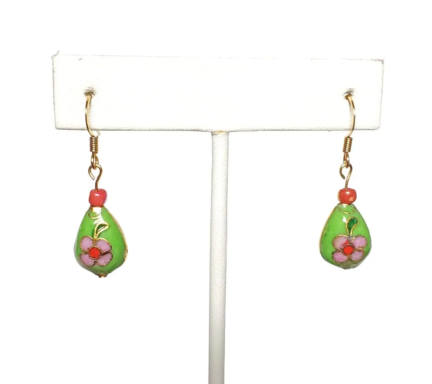 Vintage Green Teardrop Cloisonne Flower Earrings