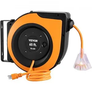 VEVOR Retractable Extension Cord Reel, 65 FT, Heavy Duty 12AWG/3C SJTOW Power Cord with Triple Tap Outlet, 15 Amp Circuit Breaker, 180° Swivel Bracket