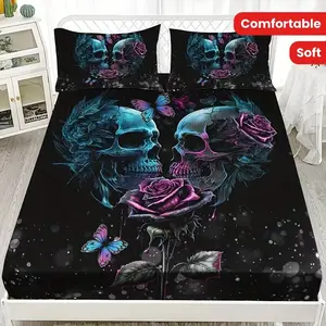 Gothic Skeleton Rose Butterfly -3-Piece Bed Sheet Set - Soft and Comfortable Bedding - Mattress Protective Cover - Suitable for bedroom, guest room, and dormitory decoration (1 bedsheet+2 pillowcases, pillowcases not included)