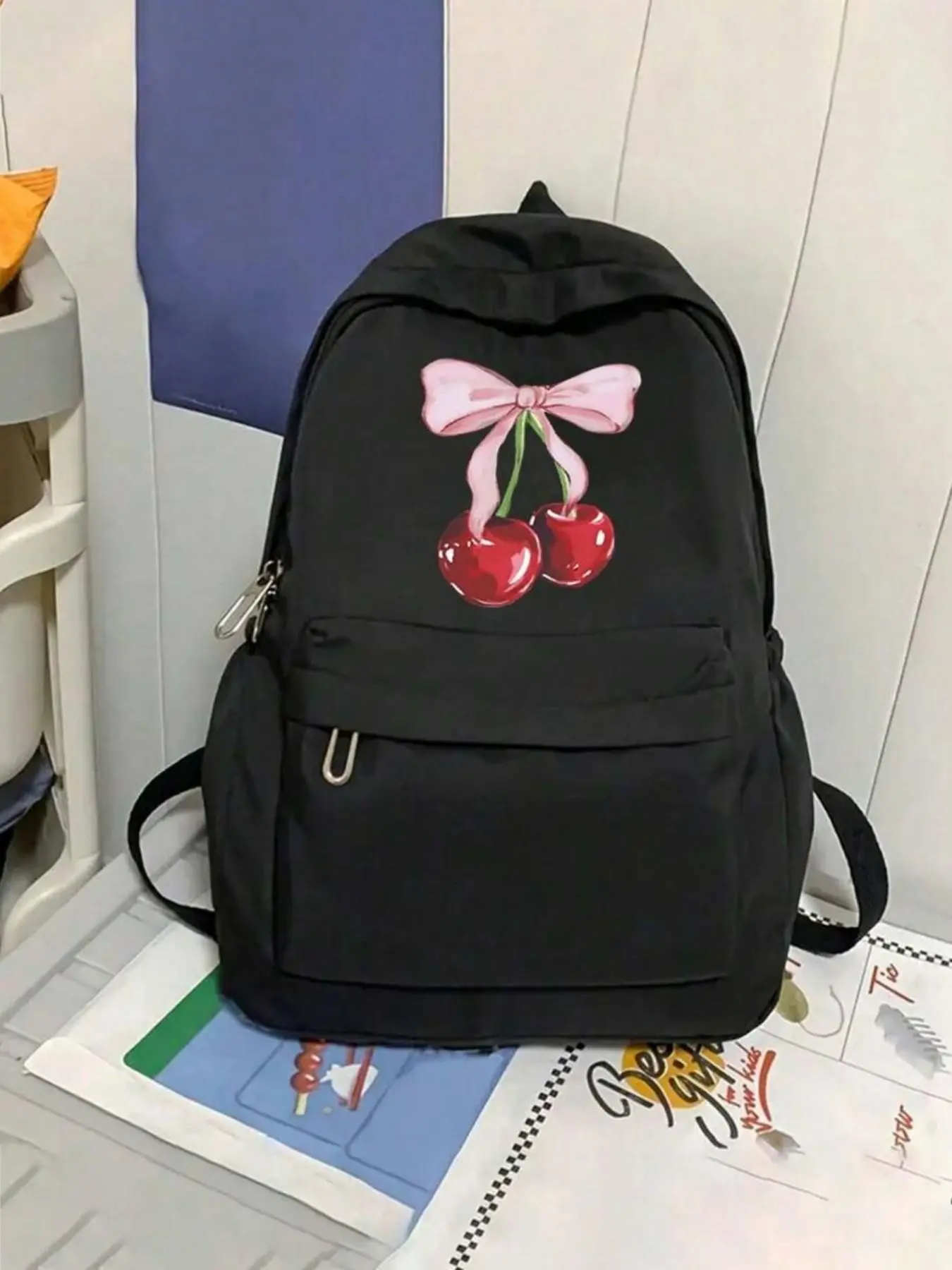 Casual Backpack with Heart-Shaped Cherry Bow, Cute Versatile Backpack, Ample Storage Space, Suitable for Men and Women, All Seasons Use, Fashion Backpack, Carrying Backpack