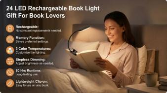 Rechargeable book light with 24 LEDs, 3 color modes, stepless dimming, clip-on reading lamp with memory function, eye protection light, up to 80 hours battery life—ideal for bed reading, bunk beds, dorm rooms, travel, and a great gift for book lovers.