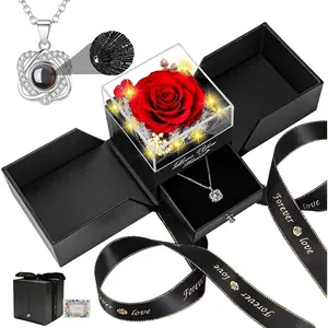 Preserved Red Real Rose with Heart I Love You Necklace -Eternal Preserved Red Rose with Necklace  Box Romantic Real Flower for Women Ideal for Birthday, Anniversary,Christmas,Mother's Day