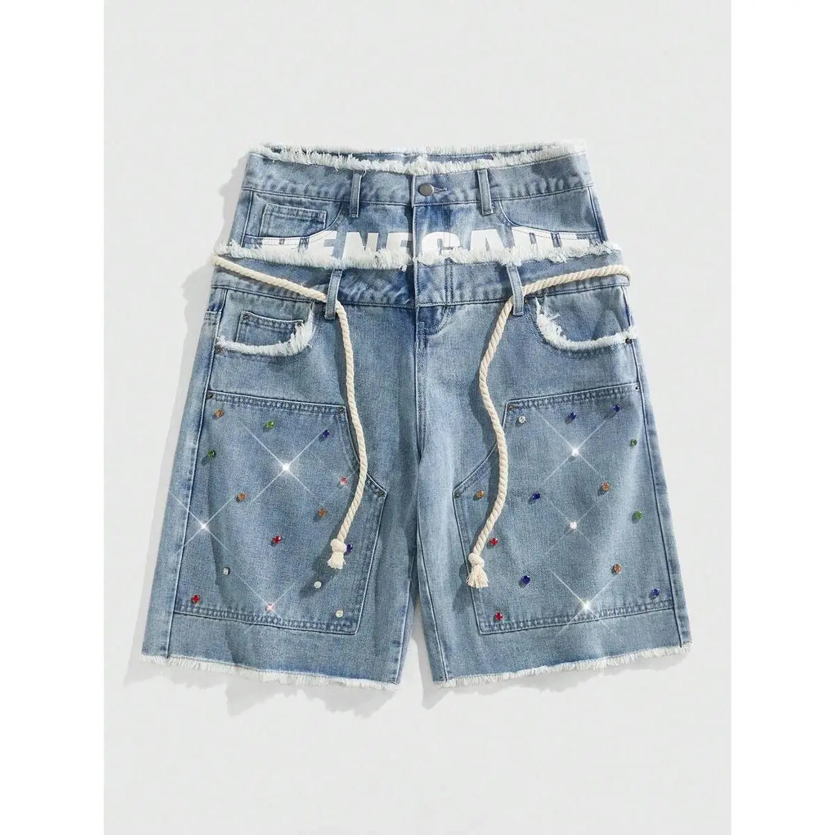 Men's Loose-Fit Bermuda Shorts - Double-Layer Waist, Diamond-Embellished, Blue Hem, Viscose Fabric, Spring-Summer Street Casual Graphic Design, Mens Clothing Denim Bottoms, Denim Shorts, Raw Hem, Mid Waist, 70% Cotton Denim