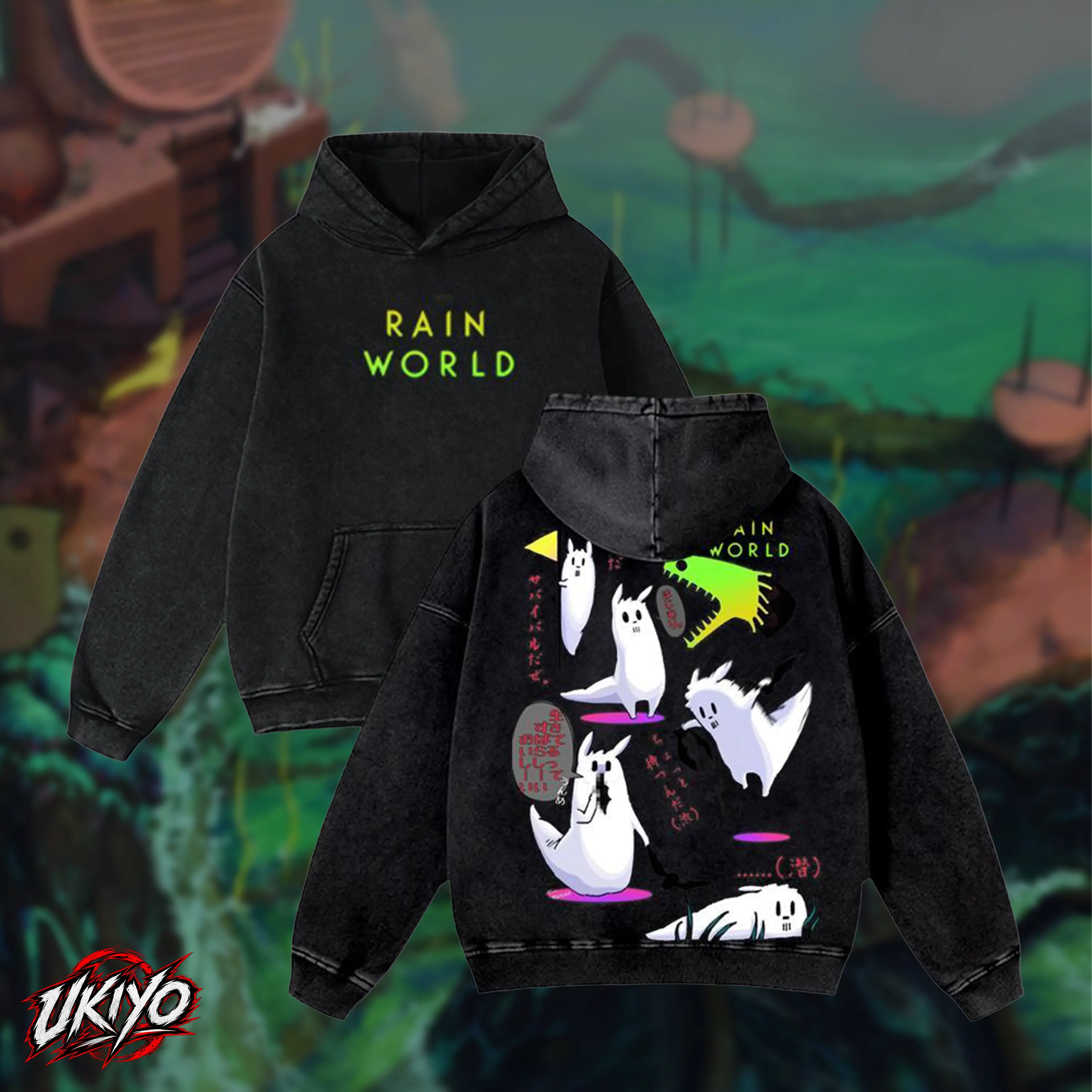 Rain World Slugcat Manga Washed Cotton T-shirt, Japanese Style Rain World Sweatshirt, Slugcat Neon Graphic Tee, Retro Gaming Double Printed Vintage Washed hoodie Tee Cotton Fabric Menswear Top