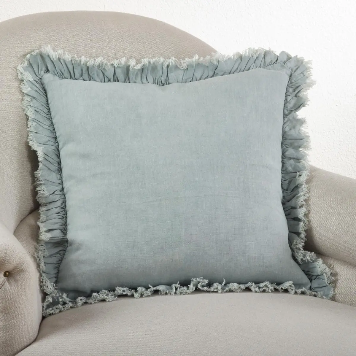 212 MAIN Square Shape Linen Fabric Pillow - Ruffles Edge, 20 in. Down-Filled Blue Grey Bedding Pillow for Soft Furnishings