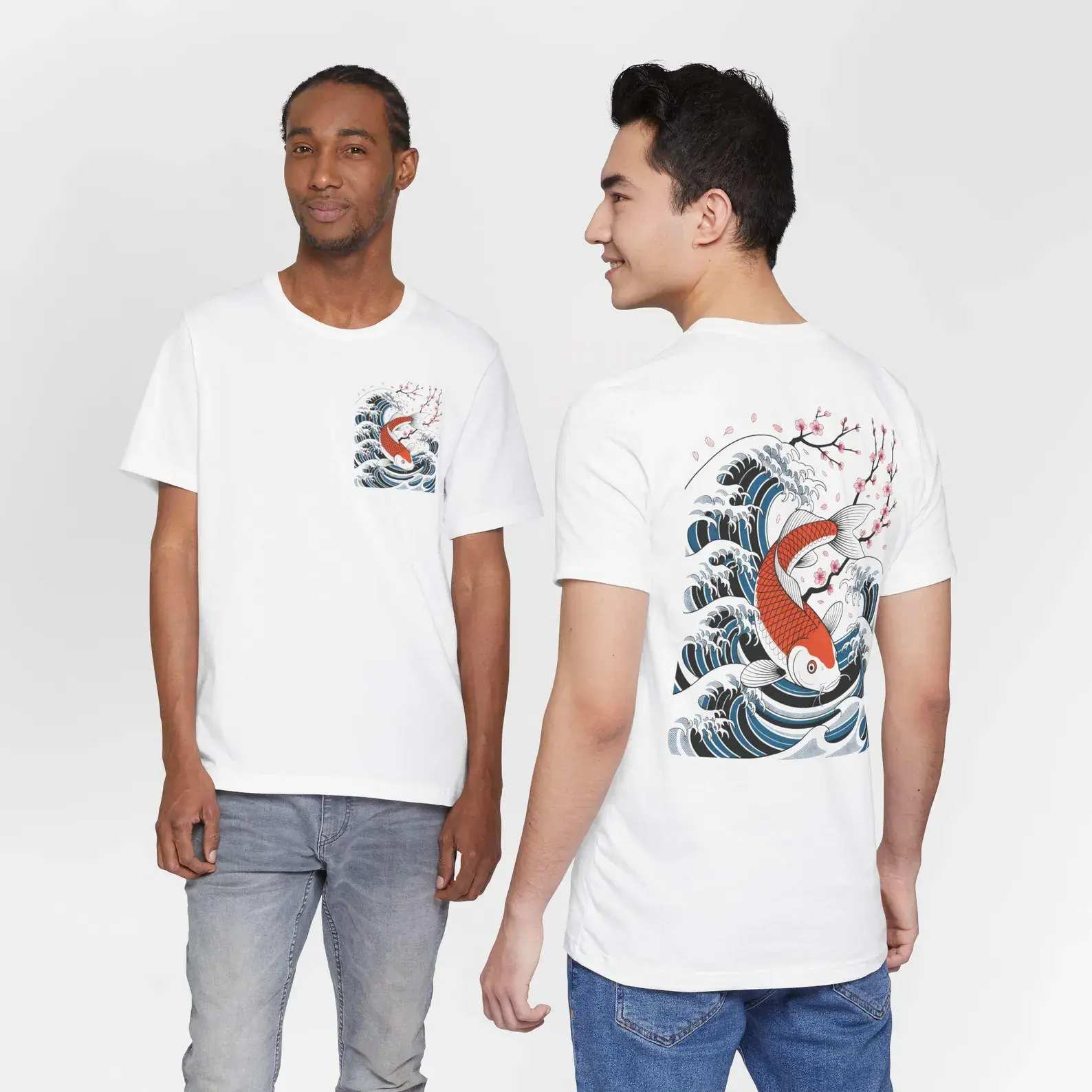 Koi Fish Shirt, Great Wave Aesthetic Tee, Sakura Cherry Blossom Graphic, Front and Back Print, Ukiyo-e Streetwear, Zen Art Shirt